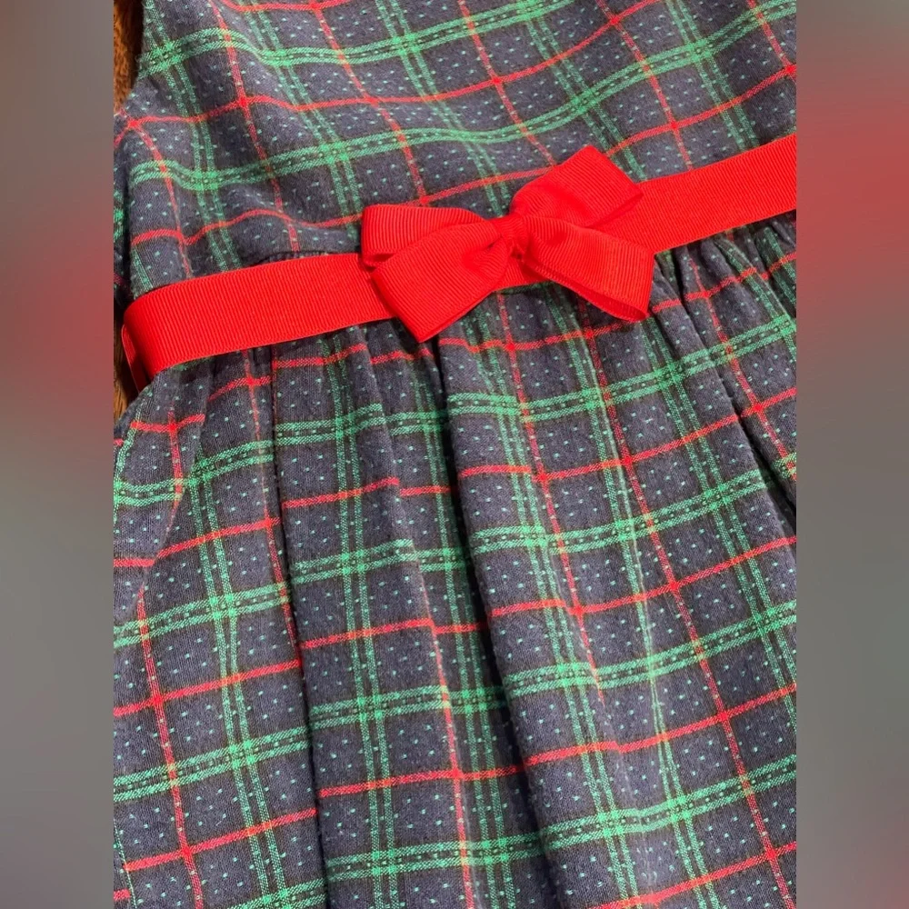 Nursery Rhyme 3T girls blue green‎ plaid jumper dress-red grosgrain bow VTG